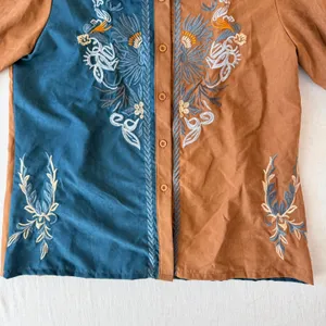 Embroidered Western Blouse Small Brown Teal Puff Sleeve Boho Cowgirl Shirt thumbnail 12