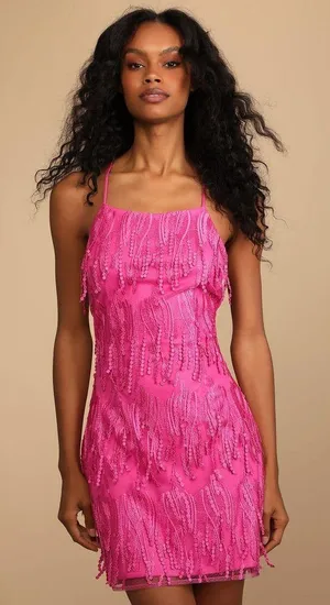 Lulus Making Magic Hot Pink Fringe Lace-Up Mini Dress thumbnail 1