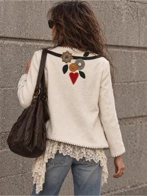 Bohemian Embroidered Cream Cardigan Sweater Jacket Medium thumbnail 2