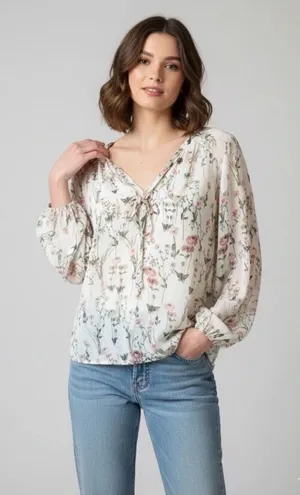 Rose & Olive Floral V-Neck Blouse - Cream and Pink thumbnail 1