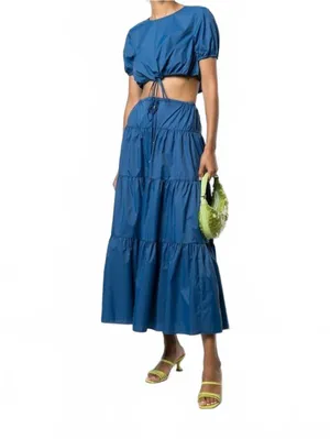 Staud Lucca Tiered Maxi Skirt Drawstring Nylon Cobalt Blue Women Size Small NWT thumbnail 7