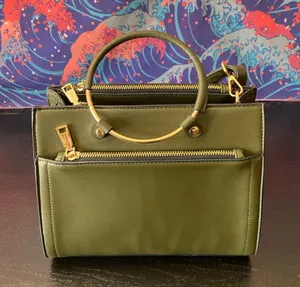 Olive Green Structured Top-Handle Women's Bag with Gold Accents thumbnail 1