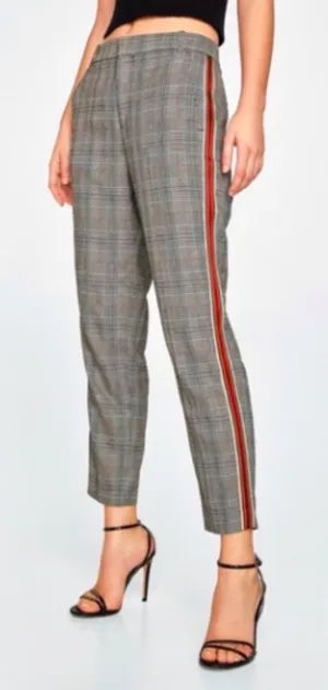 Zara Basic Womens Plaid Tapered Trousers Grey Glen Check Red‎ Side Stripe XS thumbnail 1