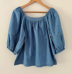 Sundance Denim Chambray Top M Blue Boho Puff Sleeve Square Neck Cotton Blouse thumbnail 1