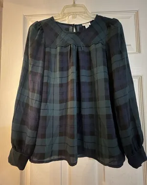 J.CREW Women’s XS Blue/Green Plaid Long Sleeve Blouse Preppy Office Holiday Top thumbnail 1