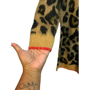 Lily White Women's Sweater Dress Tan Black Leopard Print Red Trim - Size Large thumbnail 5