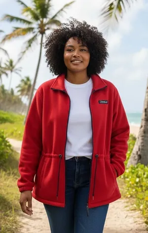 Cabelas Red 1990's Vintage Fleece Jacket Womens XL Full‎ Zip Drawstring Waist thumbnail 1