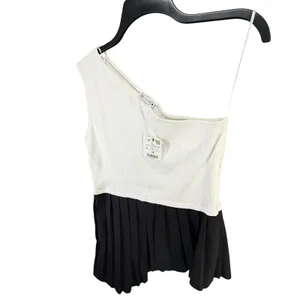 Zara One‎ Shoulder Top Womens L White Black Contrasting Pleated Hem Asymmetrical thumbnail 3