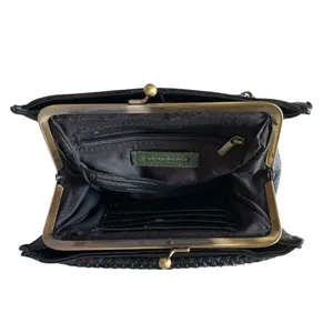 Anthropologie Clutch Bag Womens OS Black Woven Kiss Lock Retro Boho Academia thumbnail 5