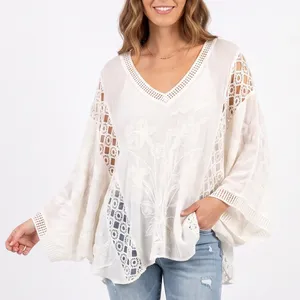 World Market Poncho Top Womens One Size Boho Crochet Lace White Embroidered EX thumbnail 1
