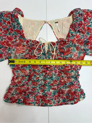 Free People Red Floral Square-Neck Ruffle Blouse size XS thumbnail 6