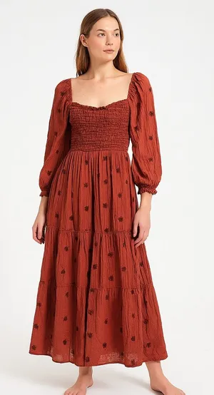 Rust Puff Sleeve‎ Babydoll Maxi Dress Fairy Renaissance Victorian Small thumbnail 1