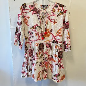 Gianni Bini 3/4 Sleeve Mini Dress‎ Babydoll Tassels Cotton Boho Floral Eyelet XS thumbnail 2