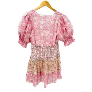 Saylor Leigha Mini Dress S Pink Patchwork Puff‎ Sleeve Tiered Boho Cottagecore thumbnail 5