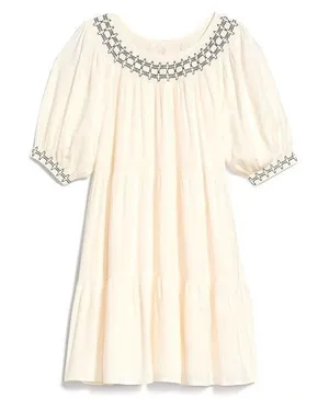 Old Navy Tiered‎ Mini Dress Womens Large Cream Boho Smocked Embroidered Peasant thumbnail 1