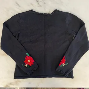 Black Poinsettia Embroidered‎ Long Sleeve V Neck Ugly Christmas Sweater Women thumbnail 7