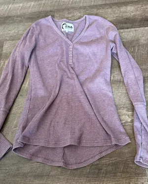 Zyia Active Don't Wake Me Purple Long Sleeve Ribbed Henley Top thumbnail 1