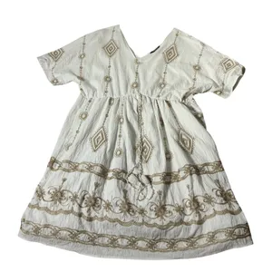 Bloomchic Boho Embroidered Mini Dress Women 18 White Gold Tassel V-Neck Mini thumbnail 1