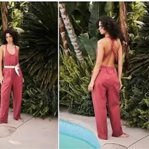 Free People Beach Burnt Henna Cotton‎ Angel Open Back Wide Leg Jumpsuit XS New thumbnail 2