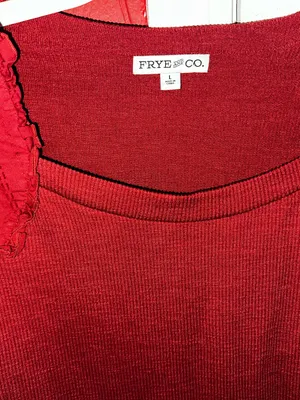 Frye & Co Women Red Ribbed Knit Top Puff Short Sleeve Ruffle Scoop Neck Large thumbnail 4