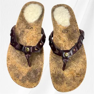 UGG Australia Cork Brown Leather Thong Sandals Shearling Footbed Women US 8 thumbnail 1