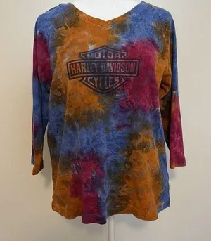 Harley Davidson Top Tie Dye Logo Biker Motorcycle Smoky Mtns Womens L thumbnail 1
