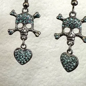 Blue skull and heart rhinestone drop earrings thumbnail 7