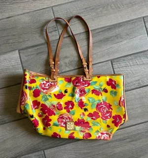 Dooney & Bourke Yellow Floral Patent Tote with Brown Straps thumbnail 1