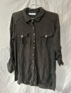 We The Free Free People Shirt Womens Green Top Linen Blend Woven Roll-Tab Sleeves XS thumbnail 1