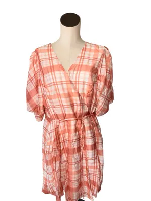 NWT EverNew Krissy Curve Plaid Wrap Dress Coral Check White Puff Sleeve 18 thumbnail 2