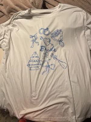 White 'Bride' Graphic Tee with Light Blue Print Size L thumbnail 1