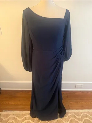 NEW JJ's House Lani Dark Navy Trumpet/Mermaid One Shoulder Chiffon Gown Sz 8 thumbnail 4