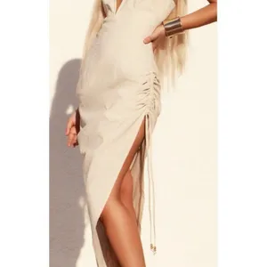 PLT NWT Small Sand Neutral Plunge Asymmetrical Midi Dress Summer Chic Vacation thumbnail 3