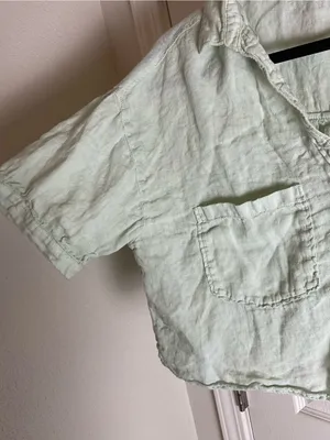 Zara Linen Crop Short Sleeve Button Down Blouse Mint Green Large Boho thumbnail 5