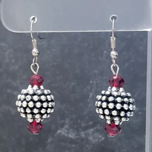Vintage Hook Dangle Earrings Glam Silver Tone Studded Ball with Red Accent Bead thumbnail 1