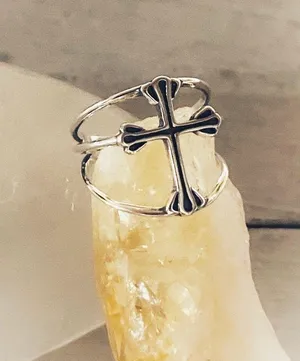 Sterling Silver Minimalist Cross Band Ring Adjustable thumbnail 1