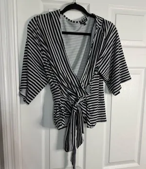 Express Monochrome Striped Wrap Top XL thumbnail 1
