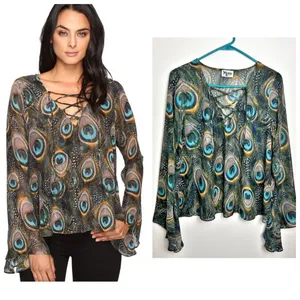 Show Me Your MuMu Zuko Lace Up Feather Top Blouse Size Small Bohemian Sheer thumbnail 2