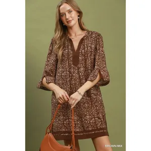 Umgee Mix Geometric Print V-Neck Tassel Detail Tunic Dress‎ - Brown Mix - Medium thumbnail 4