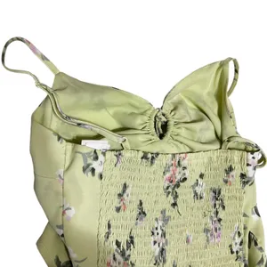 Abercrombie Women Cottage Floral Top XS Lime Green‎ Ruched Smocked Handkerchief thumbnail 4