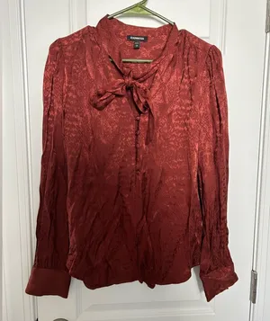 Express Long Sleeve Pussycat Bow Blouse Brown Size S thumbnail 1