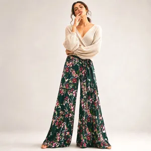 Free People FP One Floral Wide Leg Pants Green Womens Small Boho Gauze Palazzo thumbnail 2