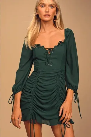 NWT Lulus It Happened in Dublin Forest Green Ruched Lace-up mini dress Sz XS‎ thumbnail 1