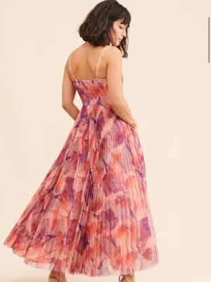 Hutch Floral Pleated Tulle Sweetheart Maxi Dress in Pink and Purple thumbnail 2