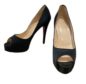 Christian Louboutin Very Prive Black Satin Peep Toe Platform Heels Women 37.5 thumbnail 1