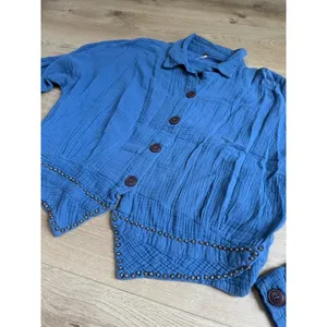 Free People Beaded Crinkle Gauze Top Blue Button Down Western Long Sleeve Size M thumbnail 4