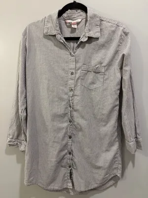 Victoria’s Secret Striped Embroidered Detail Long Sleeve Oversized Pajama Top and Shorts Set Grey and Purple thumbnail 2