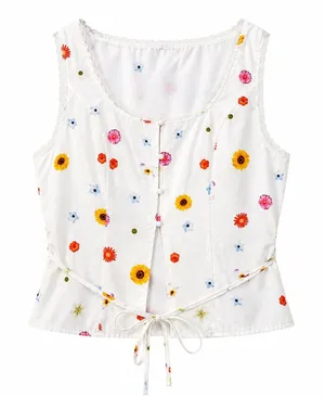 Unbranded Floral Tank Top Lace Trim Button Front Tie Back White Multi‎ Medium thumbnail 1