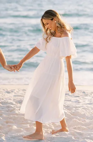 Off Shoulder Puff Short Sleeve High Waist Ruffled Flowy A Line Beach Party Midi Dress thumbnail 1