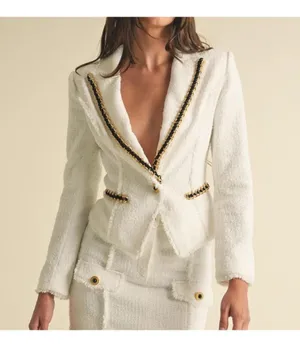 Elegant White Blazer with Black and Gold Details thumbnail 1